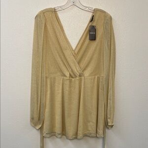 NWT Surplice V-neck Empire Waist Shimmering Gold Stretchy Long Sleeve Blouse XL